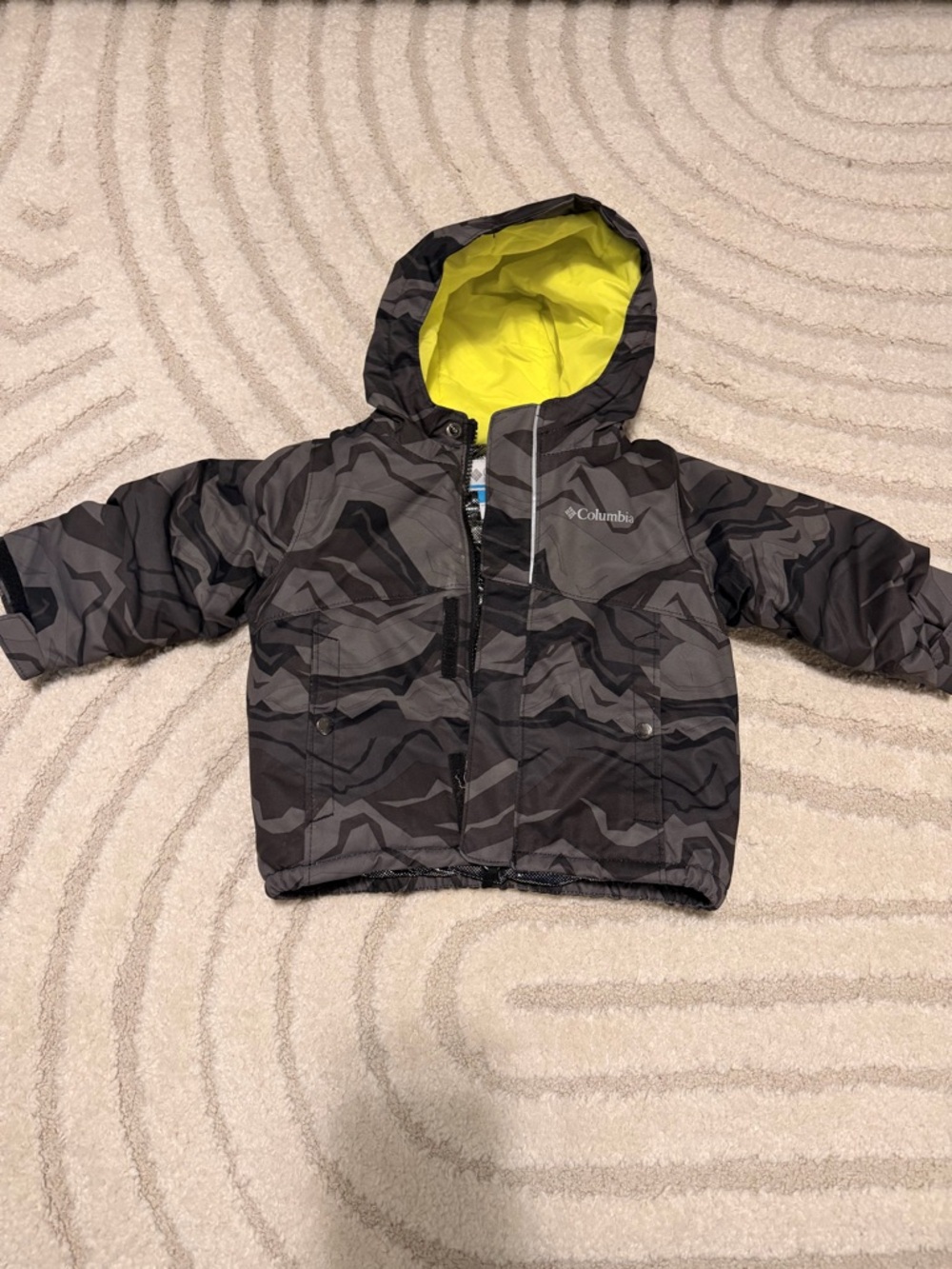 Columbia Kids Black & Gray Camouflage Puffer Jacket with Neon Yellow Lining